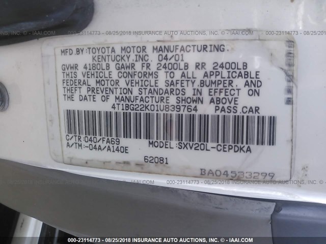 4T1BG22K01U839764 - 2001 TOYOTA CAMRY CE/LE/XLE 白色 照片 9