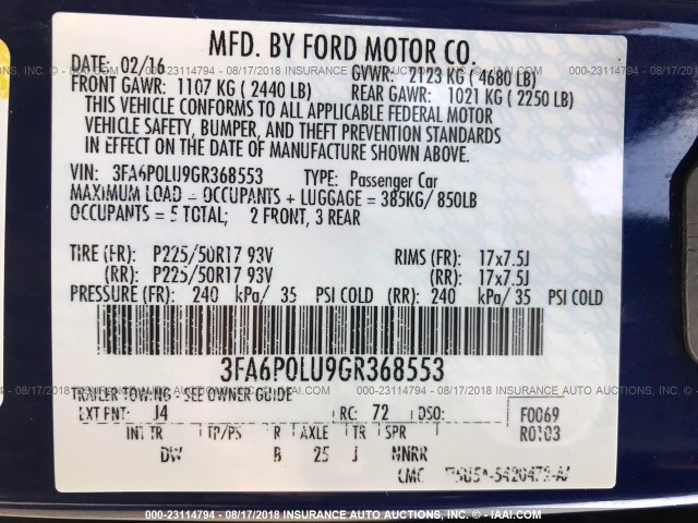 3FA6P0LU9GR368553 - 2016 FORD FUSION SE HYBRID BLUE photo 9