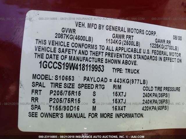 1GCCS19W418119953 - 2001 CHEVROLET S TRUCK S10 RED photo 9