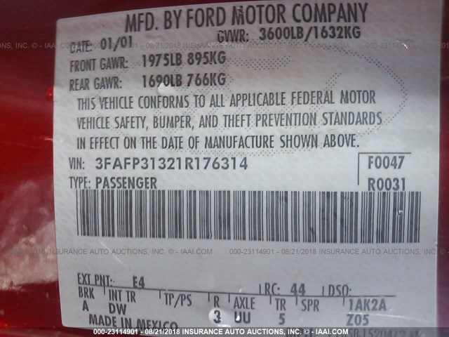3FAFP31321R176314 - 2001 FORD FOCUS ZX3 RED photo 9