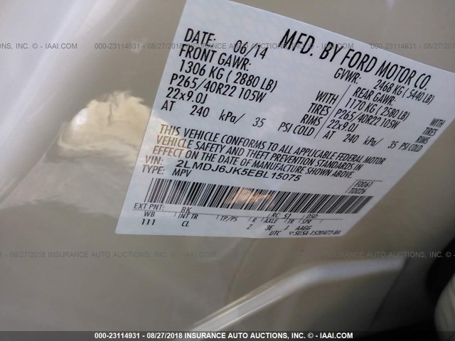 2LMDJ6JK5EBL15075 - 2014 LINCOLN MKX CREAM photo 9