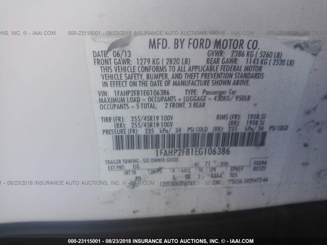 1FAHP2F81EG106386 - 2014 FORD TAURUS LIMITED WHITE photo 9