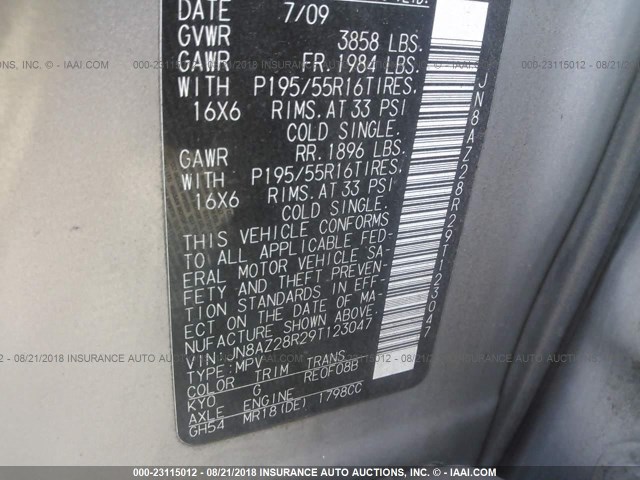 JN8AZ28R29T123047 - 2009 NISSAN CUBE S/SL SILVER photo 9