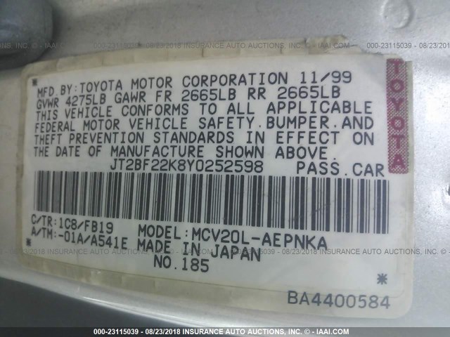 JT2BF22K8Y0252598 - 2000 TOYOTA CAMRY CE/LE/XLE SILVER photo 9