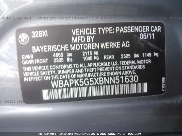 WBAPK5G5XBNN51630 - 2011 BMW 328 XI SULEV GRAY photo 9