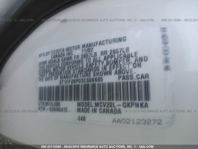 2T1FF28P03C608665 - 2003 TOYOTA CAMRY SOLARA SE/SLE თეთრი ფოტო 9