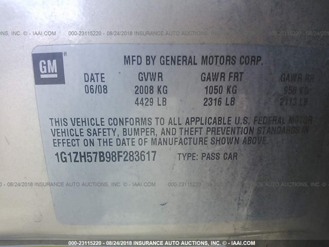 1G1ZH57B98F283617 - 2008 CHEVROLET MALIBU 1LT GOLD photo 9