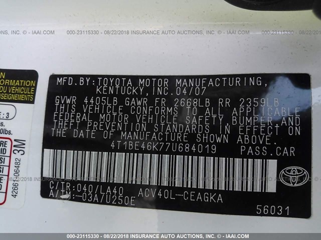 4T1BE46K77U684019 - 2007 TOYOTA CAMRY NEW GENERAT CE/LE/XLE/SE WHITE photo 9