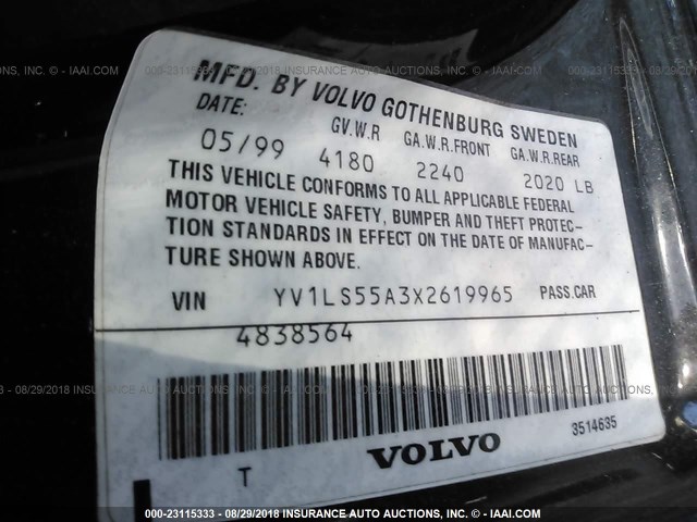 YV1LS55A3X2619965 - 1999 VOLVO S70 BLACK photo 9