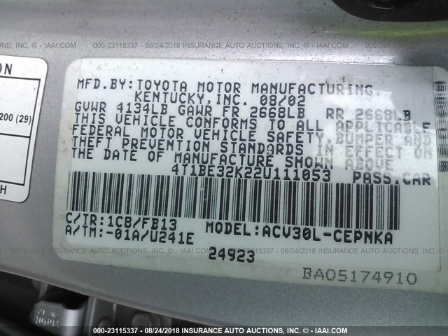 4T1BE32K22U111053 - 2002 TOYOTA CAMRY LE/XLE/SE Gümüş foto 9