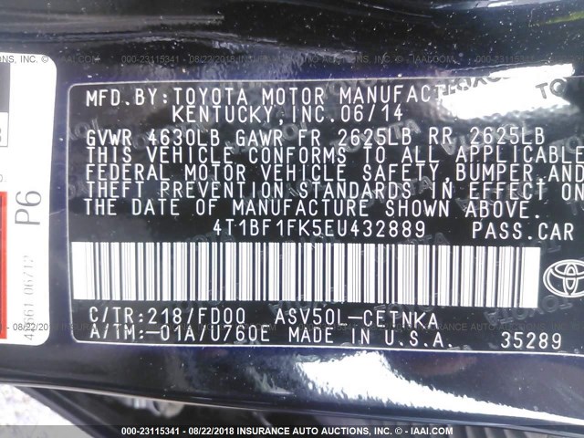 4T1BF1FK5EU432889 - 2014 TOYOTA CAMRY L/SE/LE/XLE Qara foto 9