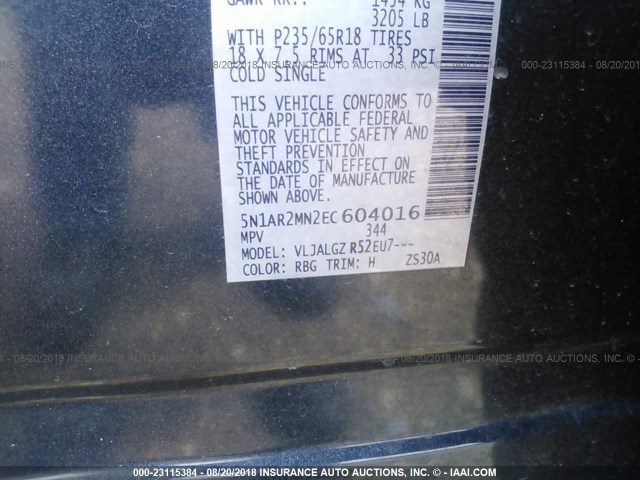 5N1AR2MN2EC604016 - 2014 NISSAN PATHFINDER S/SV/SL/PLATINUM BLUE photo 9