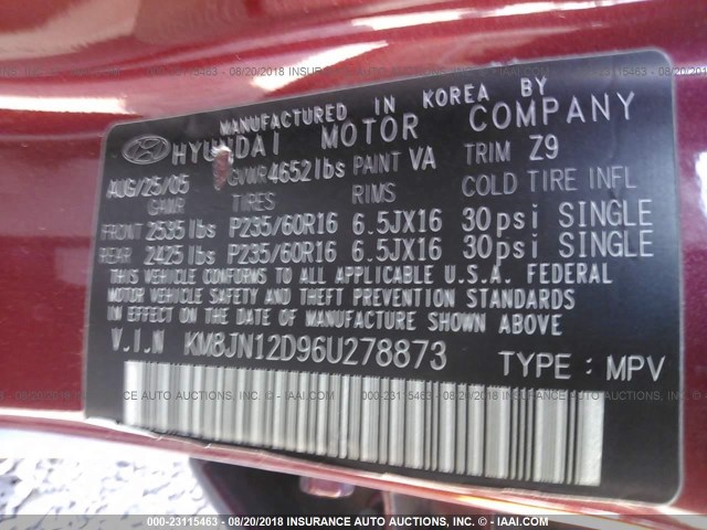 KM8JN12D96U278873 - 2006 HYUNDAI TUCSON GLS/LIMITED RED photo 9