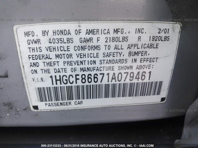 1HGCF86671A079461 - 2001 HONDA ACCORD VALUE SILVER photo 9