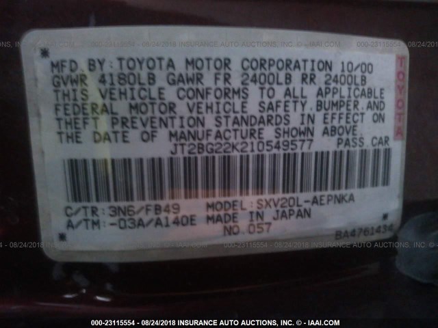 JT2BG22K210549577 - 2001 TOYOTA CAMRY CE/LE/XLE 红色 照片 9