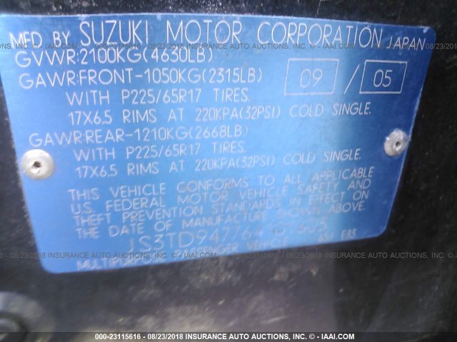 JS3TD947764101603 - 2006 SUZUKI GRAND VITARA LUXURY BLACK photo 9