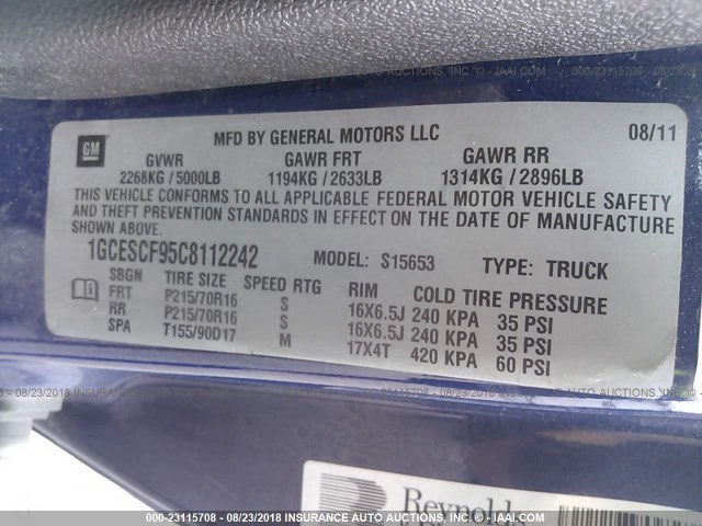 1GCESCF95C8112242 - 2012 CHEVROLET COLORADO LT ლურჯი ფოტო 9