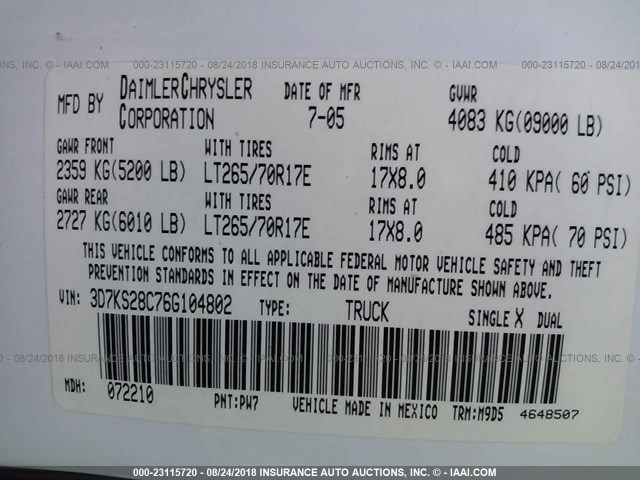 3D7KS28C76G104802 - 2006 DODGE RAM 2500 ST/SLT/LARAMIE თეთრი ფოტო 9