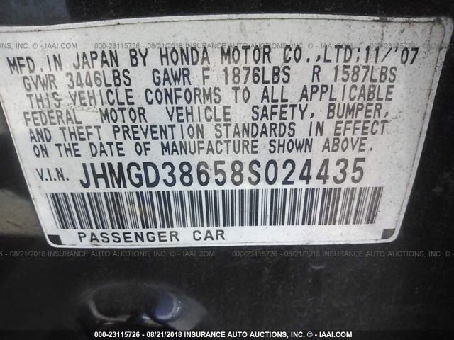 JHMGD38658S024435 - 2008 HONDA FIT SPORT BLACK photo 9