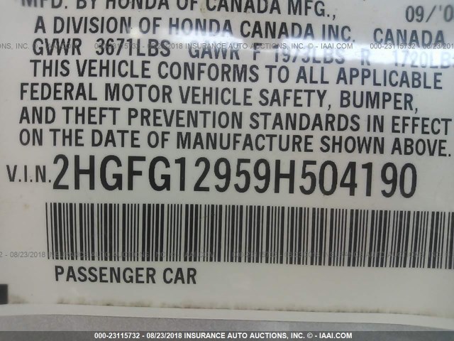2HGFG12959H504190 - 2009 HONDA CIVIC EXL 银色 照片 9