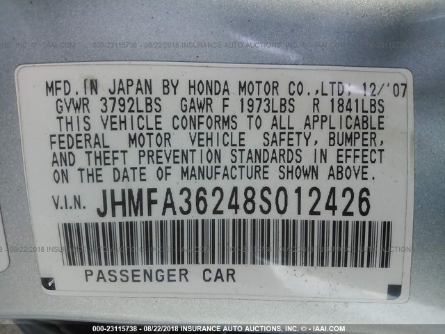 JHMFA36248S012426 - 2008 HONDA CIVIC HYBRID BLUE photo 9