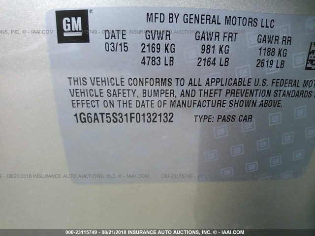 1G6AT5S31F0132132 - 2015 CADILLAC CTS PREMIUM COLLECTION TAN photo 9