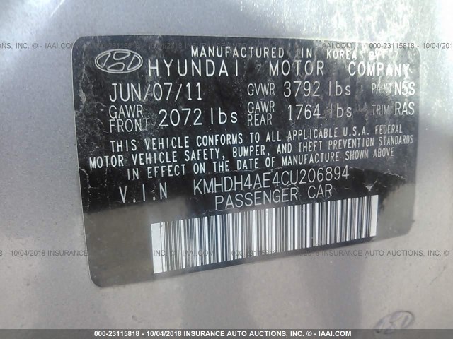 KMHDH4AE4CU206894 - 2012 HYUNDAI ELANTRA GLS/LIMITED GRAY photo 9