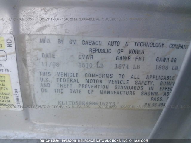 KL1TD56E49B615273 - 2009 CHEVROLET AVEO LS/LT SILVER photo 9