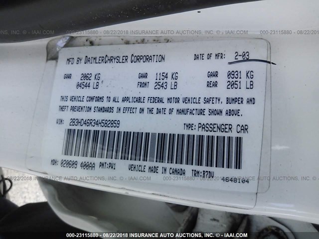 2B3HD46R34H582859 - 2004 DODGE INTREPID SE WHITE photo 9