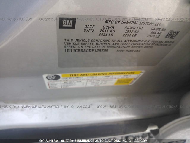 1G11C5SA0DF128796 - 2013 CHEVROLET MALIBU 1LT ვერცხლისფერი ფოტო 9