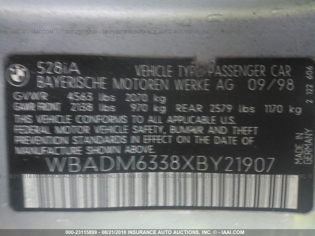 WBADM6338XBY21907 - 1999 BMW 528 I AUTOMATIC SILVER photo 9