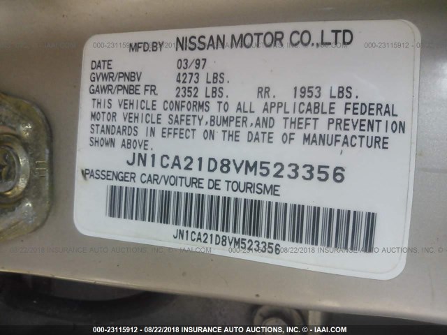 JN1CA21D8VM523356 - 1997 NISSAN MAXIMA GLE/GXE/SE GOLD photo 9