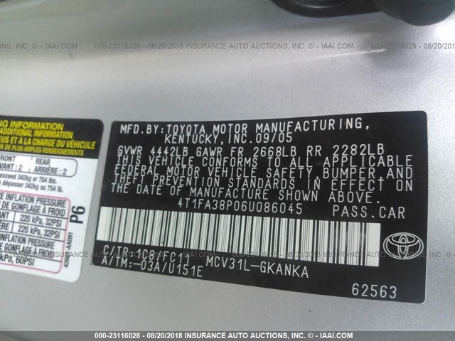 4T1FA38P06U086045 - 2006 TOYOTA CAMRY SOLARA SE/SLE ვერცხლისფერი ფოტო 9