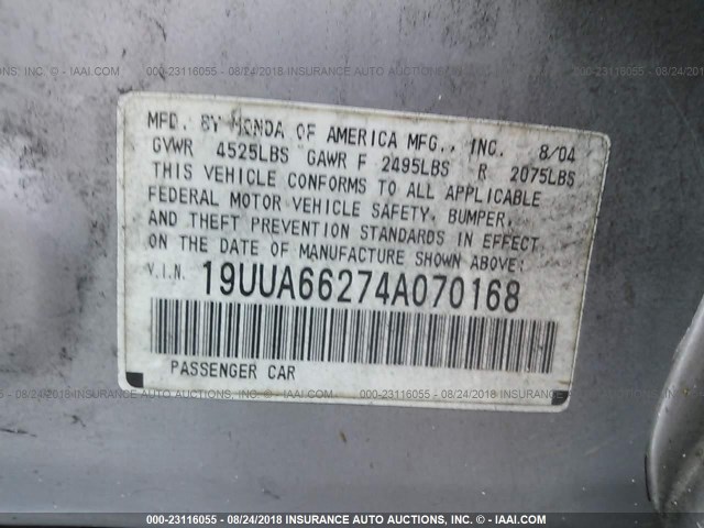 19UUA66274A070168 - 2004 ACURA TL SILVER photo 9