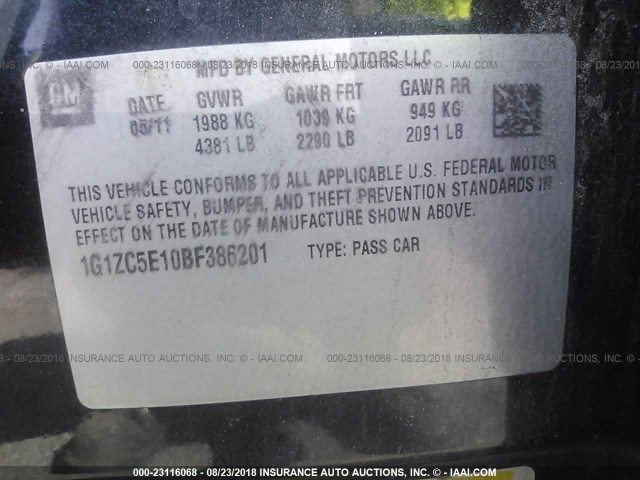 1G1ZC5E10BF386201 - 2011 CHEVROLET MALIBU 1LT 黑色 照片 9