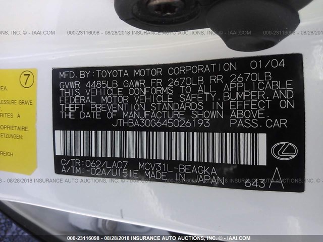 JTHBA30G645026193 - 2004 LEXUS ES 330 WHITE photo 9