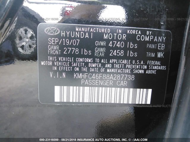 KMHFC46F88A287738 - 2008 HYUNDAI AZERA SE/LIMITED BLACK photo 9