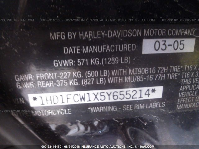 1HD1FCW1X5Y655214 - 2005 HARLEY-DAVIDSON FLHTCUI BLACK photo 10