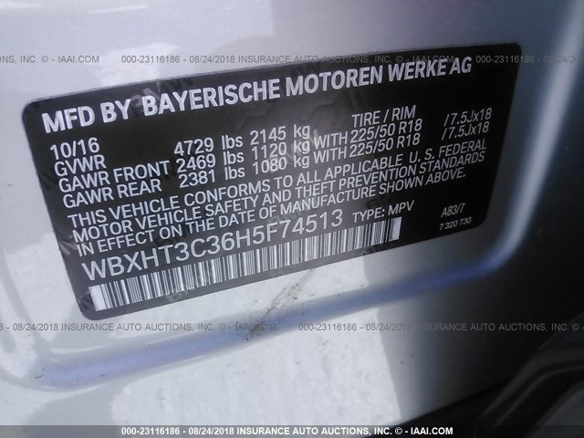 WBXHT3C36H5F74513 - 2017 BMW X1 XDRIVE28I GRAY photo 9