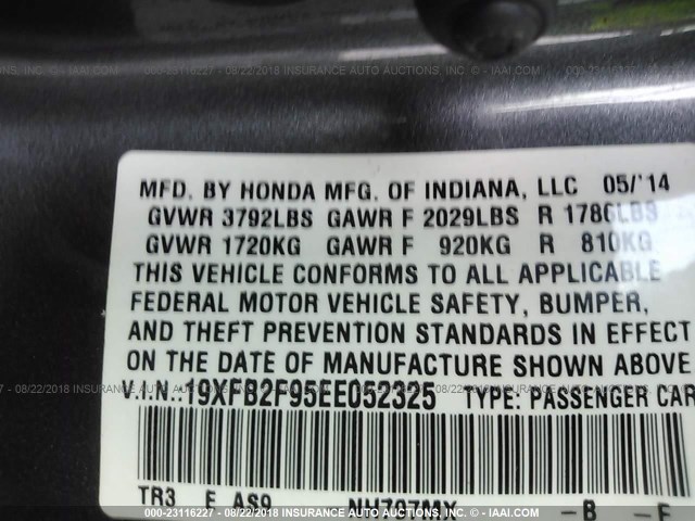 19XFB2F95EE052325 - 2014 HONDA CIVIC EXL 灰色 照片 9