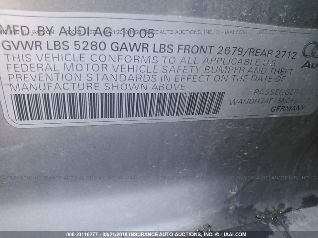 WAUDH74F16N086722 - 2006 AUDI A6 3.2 QUATTRO GRAY photo 9