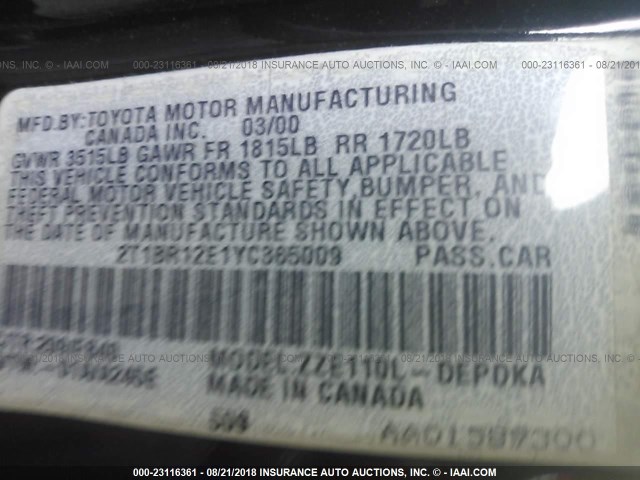 2T1BR12E1YC365009 - 2000 TOYOTA COROLLA VE/CE/LE 黑色 照片 9