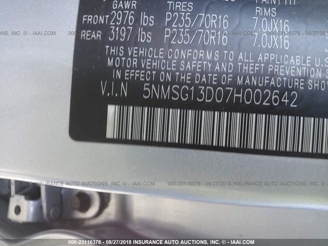 5NMSG13D07H002642 - 2007 HYUNDAI SANTA FE GLS BLUE photo 9