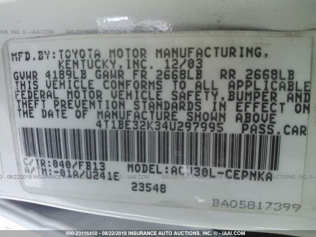 4T1BE32K34U297995 - 2004 TOYOTA CAMRY LE/XLE/SE Ağ foto 9