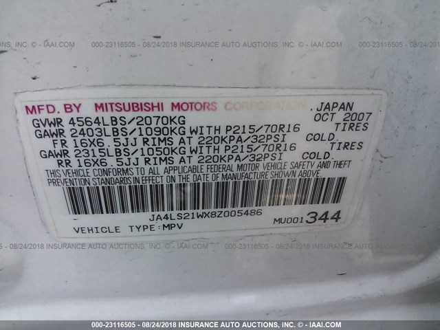 JA4LS21WX8Z005486 - 2008 MITSUBISHI OUTLANDER ES Ağ foto 9