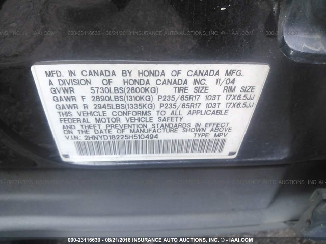 2HNYD18225H510494 - 2005 ACURA MDX BLACK photo 9