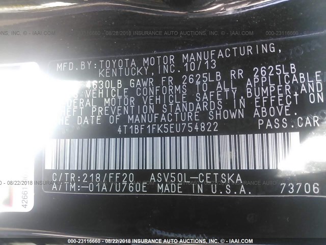 4T1BF1FK5EU754822 - 2014 TOYOTA CAMRY L/SE/LE/XLE 黑色 照片 9