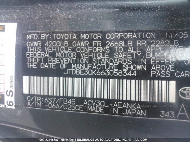 JTDBE30K663058344 - 2006 TOYOTA CAMRY LE/XLE 绿色 照片 9