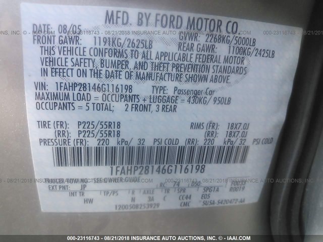 1FAHP28146G116198 - 2006 FORD FIVE HUNDRED LIMITED SILVER photo 9