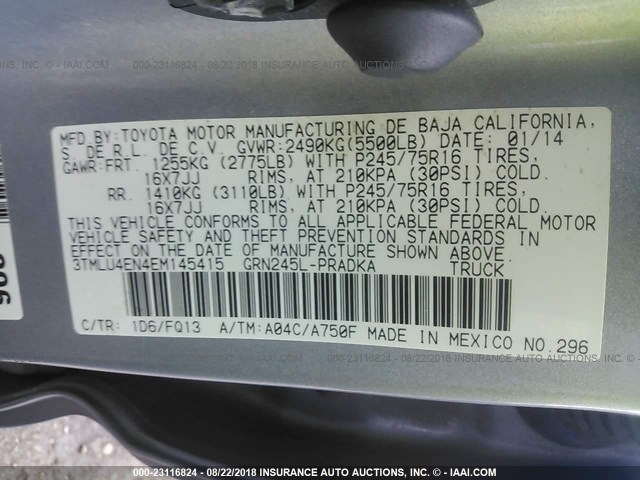 3TMLU4EN4EM145415 - 2014 TOYOTA TACOMA DOUBLE CAB ვერცხლისფერი ფოტო 9